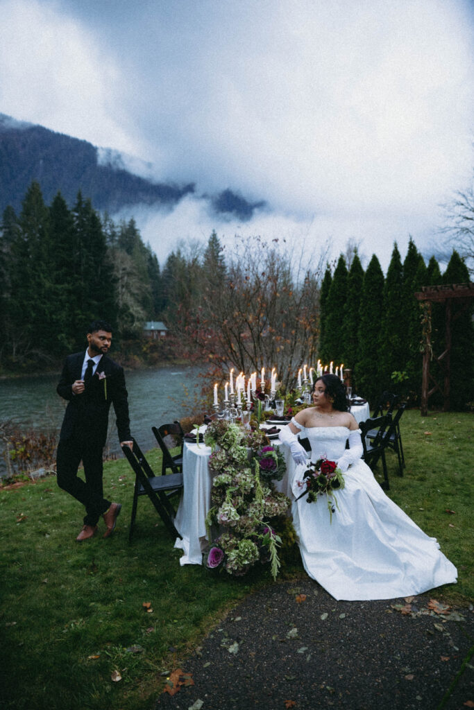 Skykomish River elopement couple riverside in Index WA