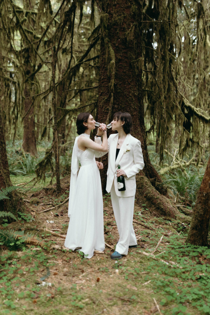 A couple does a toast after their vows for their olympic national park elopement